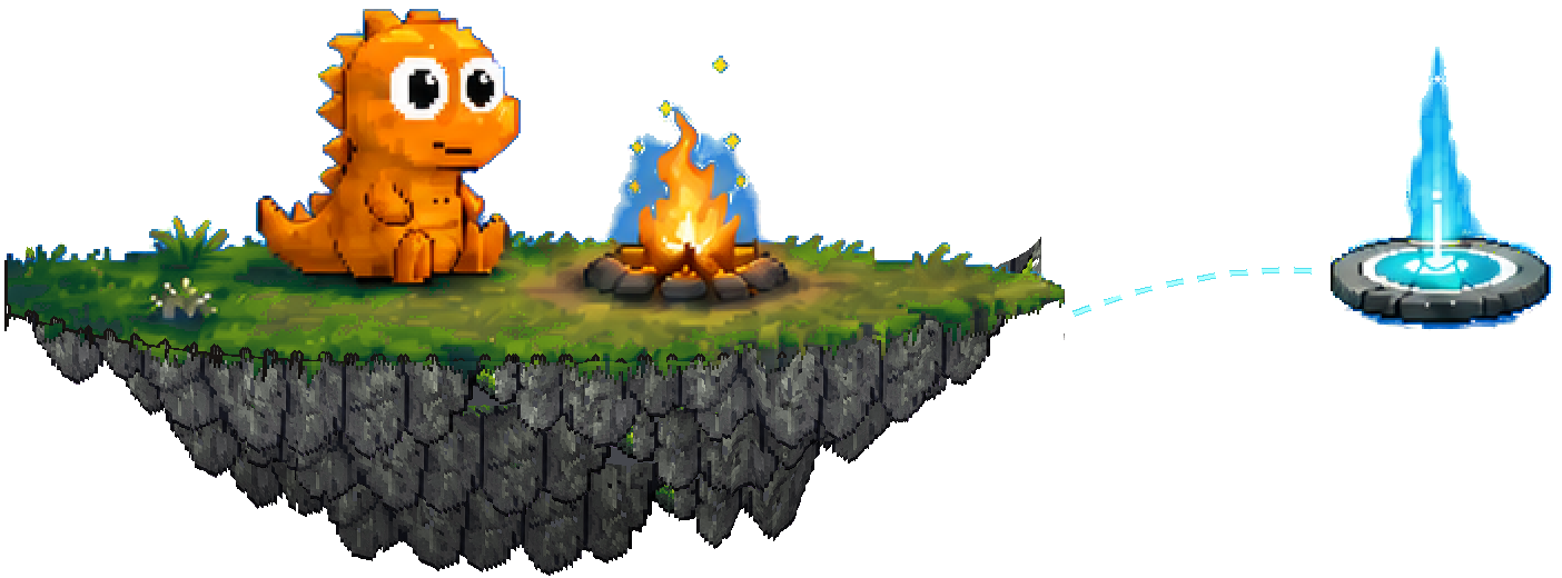 Play for Pay dinosaur resting beside a quest campfire