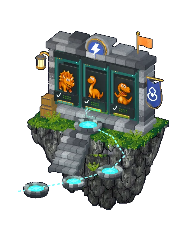 Pixel-art campaign machine on a floating island with three shuffling dinosaur reels, an orange flag, and a tracked route