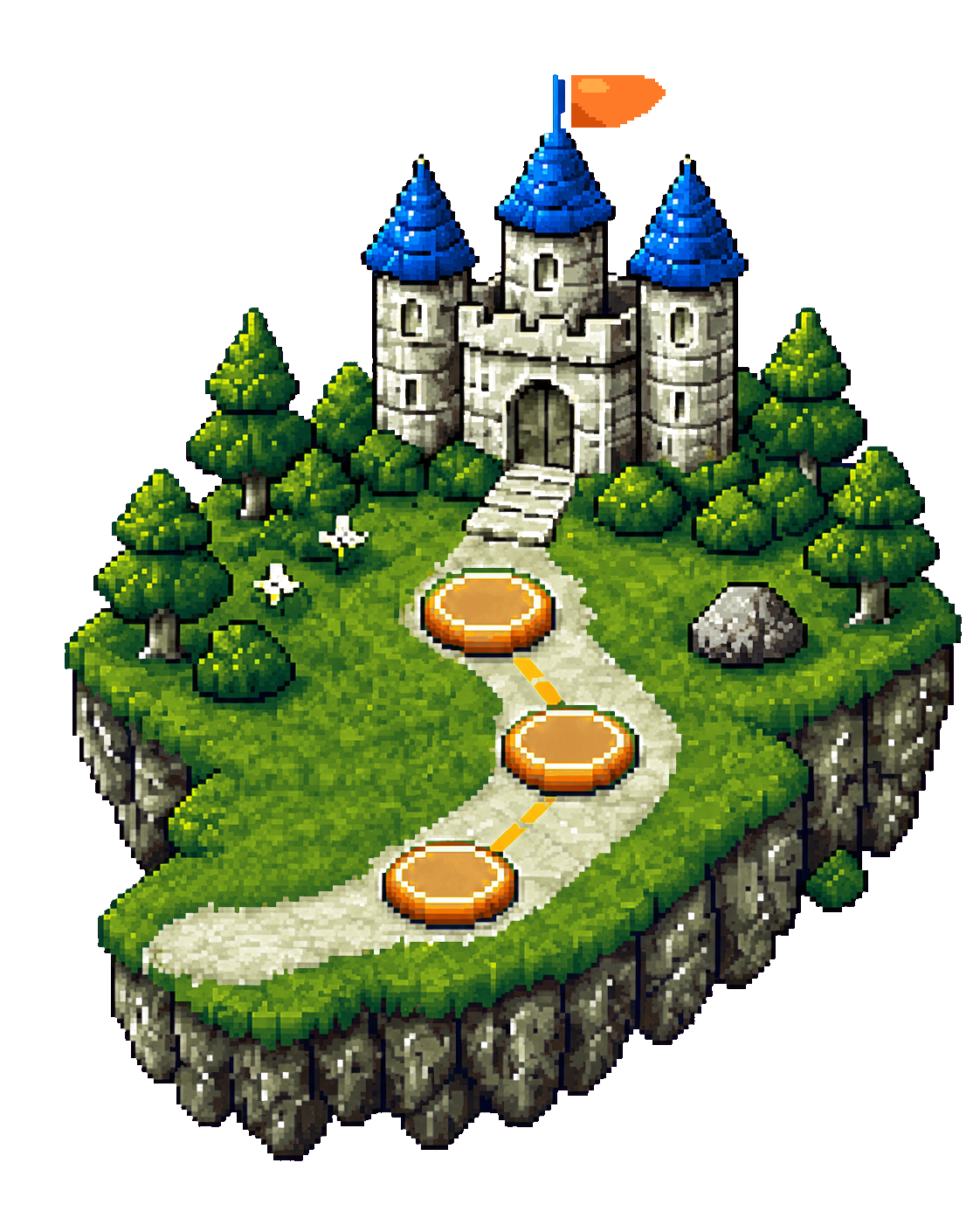 Pixel-art quest path leading toward a castle